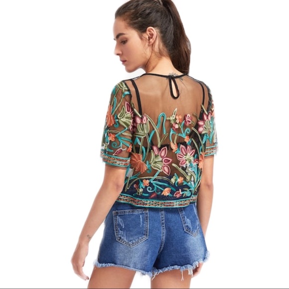 1 LEFT!Beautiful multicolored Embroidered Mesh Top - Picture 2 of 6